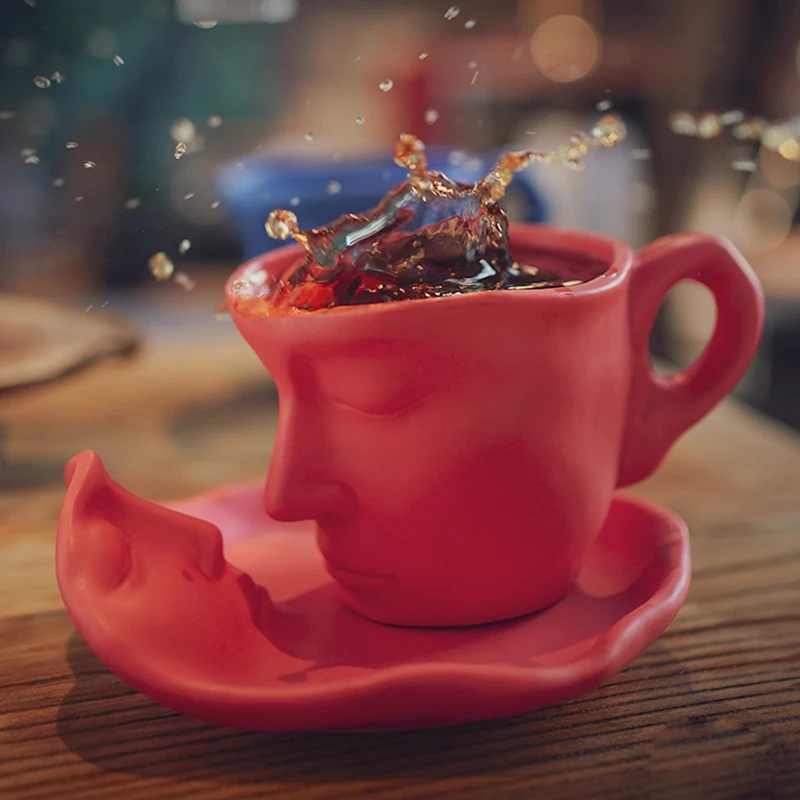 Thinker Coffee Cups Ceramic Cup And Saucer Set Human Face Kiss Coffee