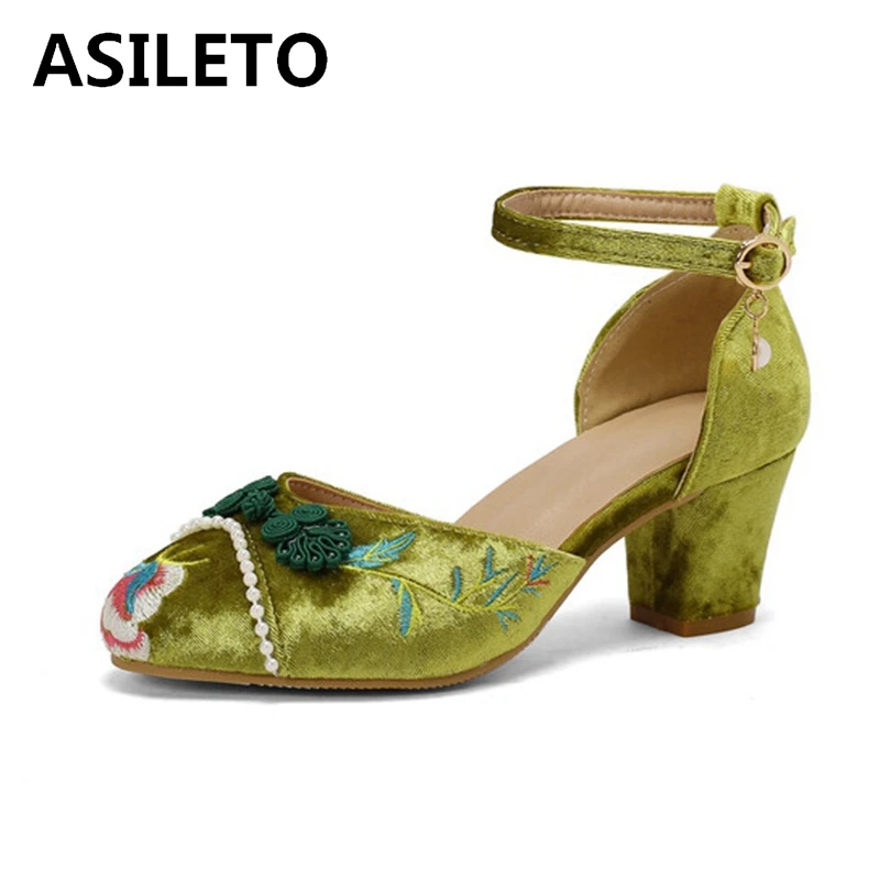 ASILETO 여성용 달콤한 중국 빈티지 화이트 블랙 라운드 토 펌프, 진주 원피스 파티, 6cm 힐 버클, 빅 사이즈 33 52, 신상 