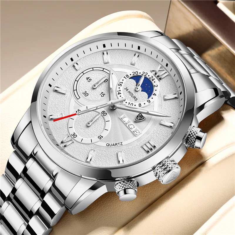 

LIGE Top Brand Luxury Multifunction Mens Watches Casual Silver Quartz Watch Men Sport Waterproof Clock Watches Relogio Masculino