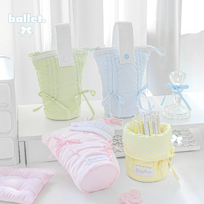 달콤한 레이스 Balletcore 활 연필 주머니 휴대용 부드러운 면화 Kawaii 학생 소녀 펜 케이스 휴대용 편지지 주최자 학교