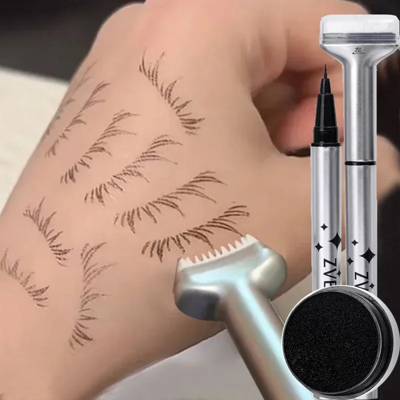 Reusable Eyelash Stamps Pen 2 in 1 Lower Eyelash Seal Tool Quick Dry Black Brown Liquid Eyeliner Pen Simulation Makeup