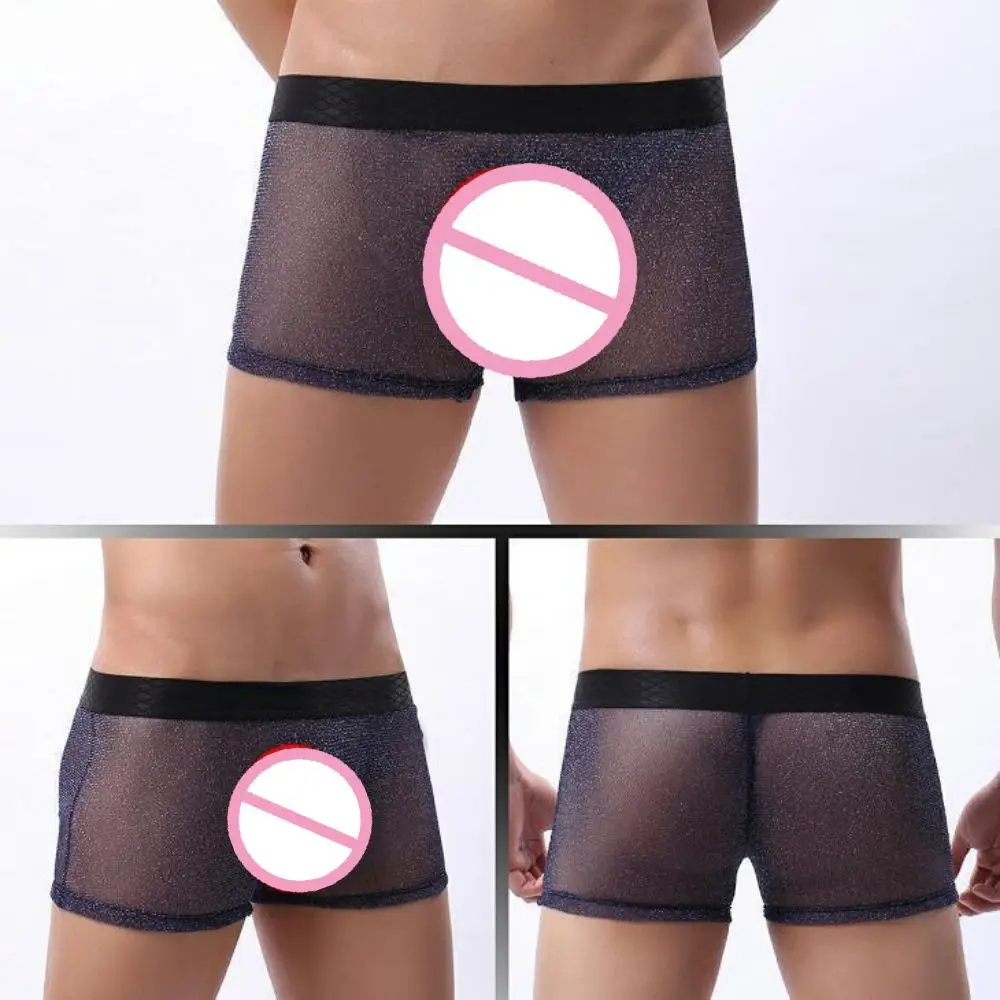 

Men's Underwear Boxer Shorts Perspective Fine Mesh Ultra Elastic Low Waist Wide Edge Flat Corner Pants Four Corner Underpants