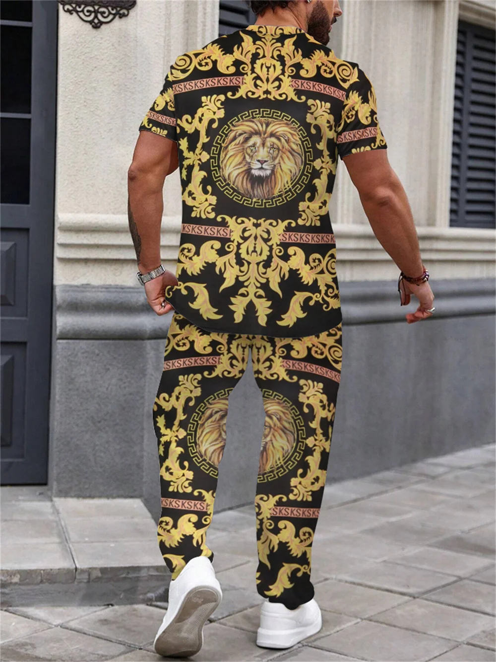 Summer Men's Short Sleeve And Trousers Lion Print Luxury Retro Casual Style Men's Suit Trend Pants And Short Sleeve 2 Piece Set 3