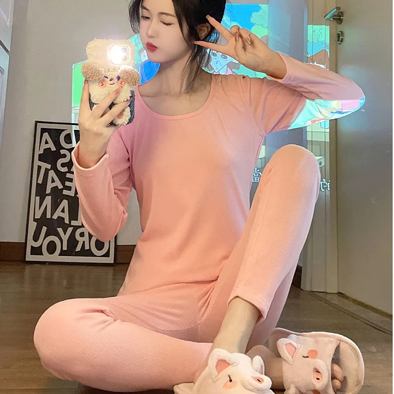 Foply Women Pajamas Set Velvet Thermal Underwear Knitted Cotton Female Homewear Winter Thermo Underwear Warm Suit Underwear Sets