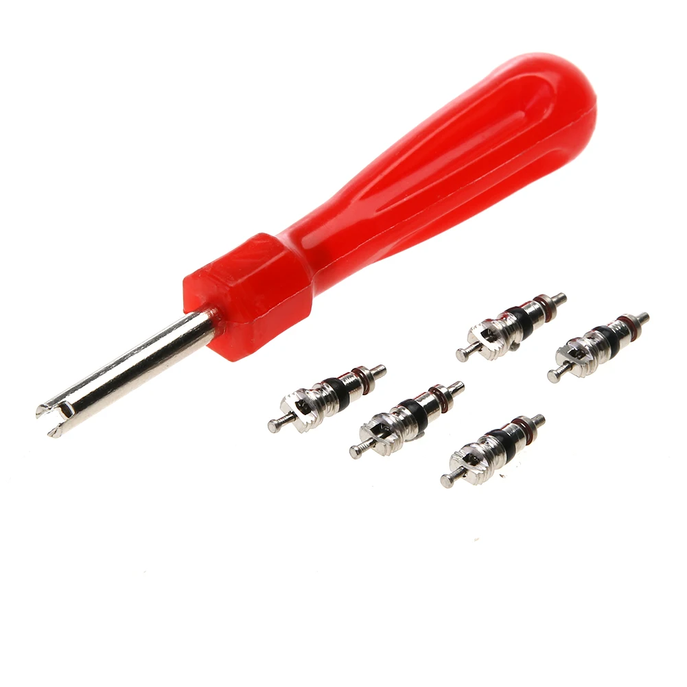 Tire Valve Core Removal Installer Tool Screw Driver Tire Repair Wrench with 5 Valve Cores Car Bike Motorcycle Repair Tools