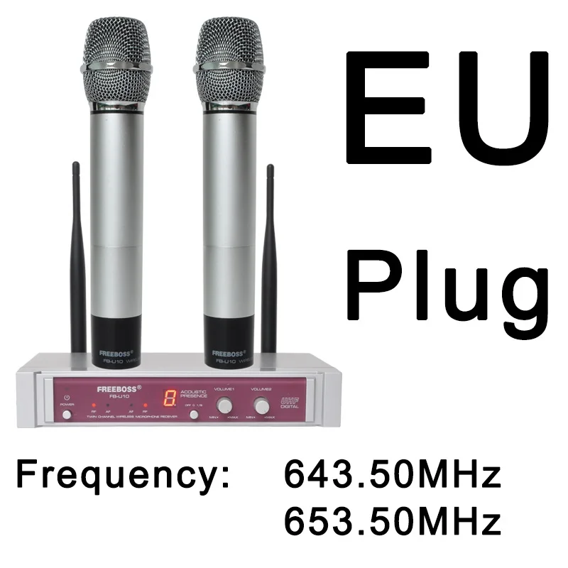 Freeboss FB-U10 Dual Way Karaoke Meeting Church School Sing 2 Metal Handhelds UHF Wireless Microphone 