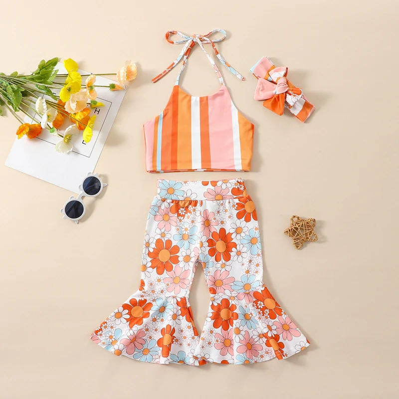 Toddler Girls Outfit Sleeveless Striped Print Top Flared Pants Set with Headband for Summer Beach Vacation 3