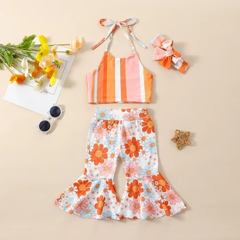 Toddler Girls Outfit Sleeveless Striped Print Top Flared Pants Set with Headband for Summer Beach Vacation 3