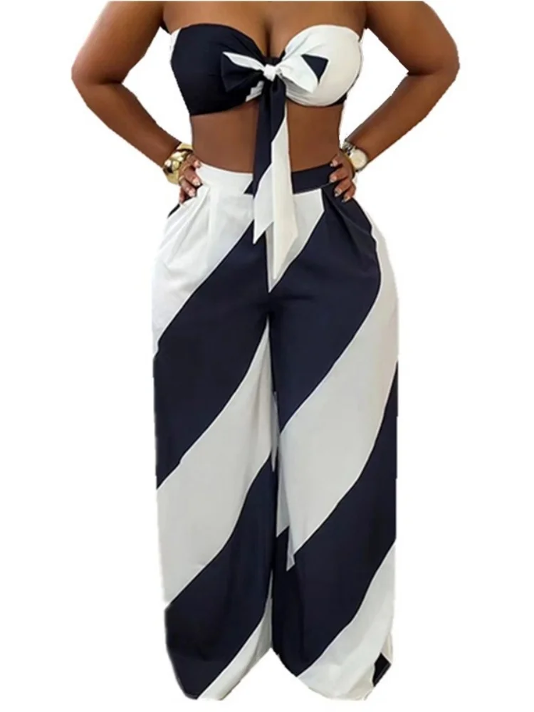 Wmstar Two Piece Set Women Wholesale New Woman Clothing Sexy Strapless Fashionable Printed Set Loose Wide Leg Pants Matching