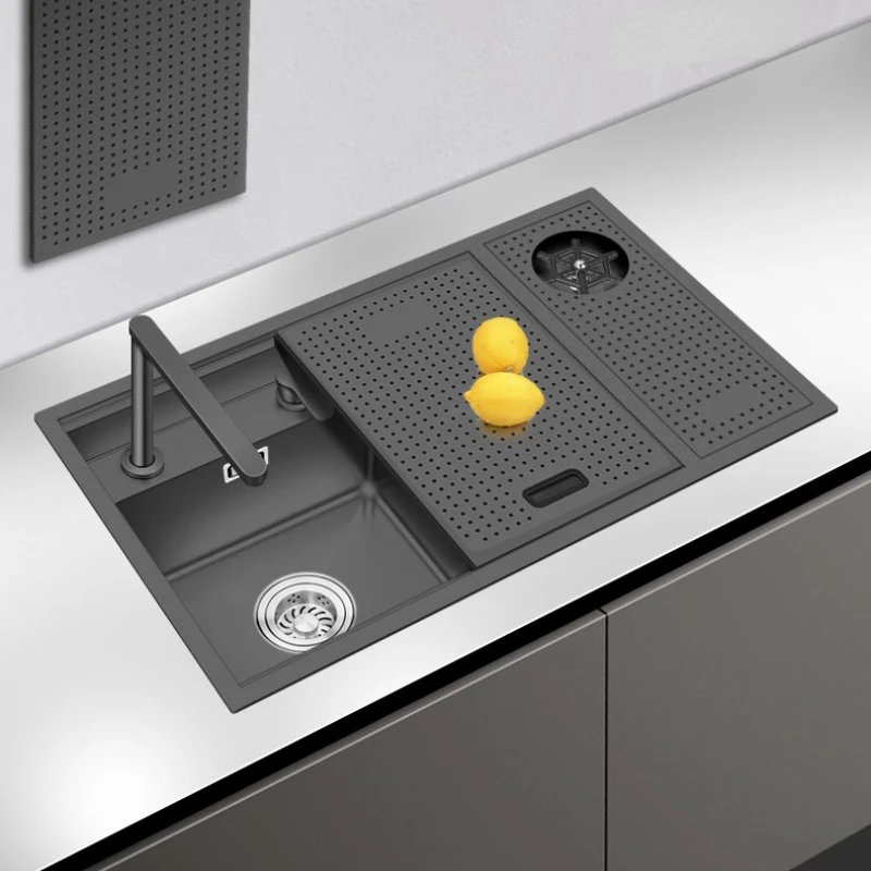 

Multifunctional Concealed Sink Stepped With Cup Washer Black Nano Stainless Steel Kitchen Vegetable Washing Basin