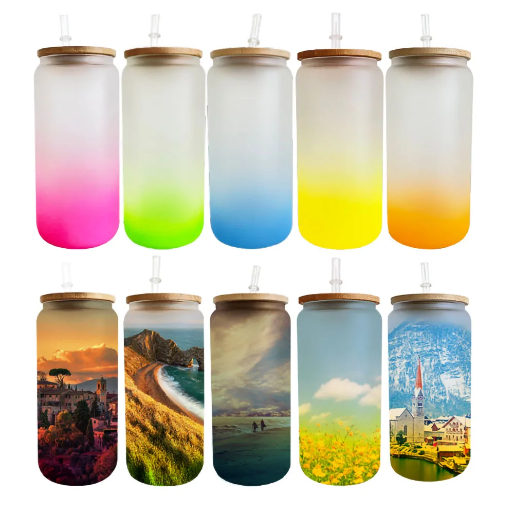 

4 PCS 16oz Blank Sublimation Can Shape Tea Juice Milk Glass Cup Coffee Mug Wine Glass Colorful DIY Gift Ombre Color Glass Can