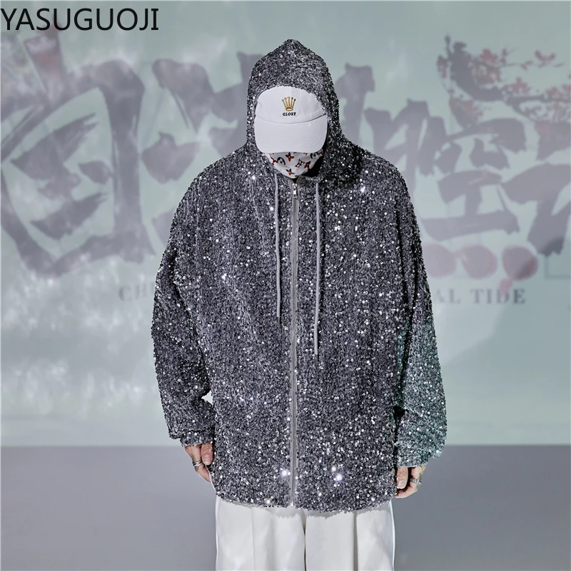 YASUGUOJI New 2024 Fashion Men\'s Sequined Jackets Bling Glitter Bomber Jacket Coat Hip Hop Tops Singer Nightclub Clothing Man