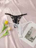 2 pièces dames nouvelle dentelle Sexy noir et blanc brodé fleur imprimé Sexy ensemble string sous-vêtements C2648 2