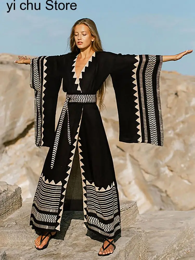 

New Sexy Women Swimsuit Cover Up Beach Kimono Pareo Fashion Oversized Cuffs Tunic Long Dress Summer Swimwear Beachwear