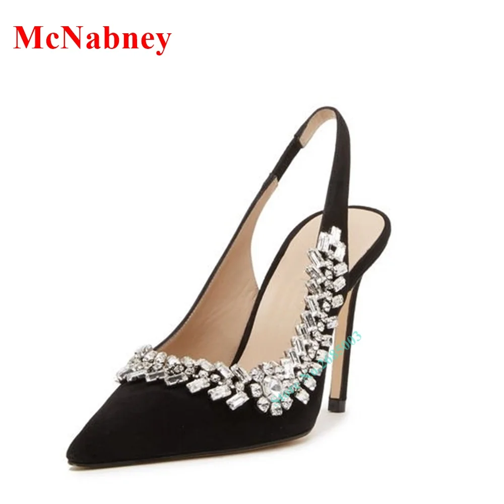 

Pointy Toe Crystal Slingback Pumps Women Shoes Shallow Thin High Heel Suede Spring Summer Party Shoes Sexy Designer Office Pumps