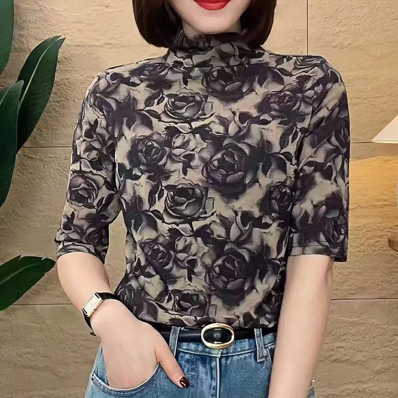 

2024 New Summer Office Lady Sweat Loose Casual T-shirts for Women Elegant Fashion Print Cotton Linen Turtleneck Short Sleeve Top