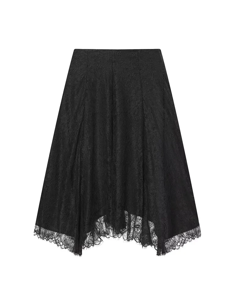 Women Casual Black Lace Long Skirt High Waist Skirt Ladies Elegant Solid Side Zipper Fashion A Line Asymmetrical Midi Skirt