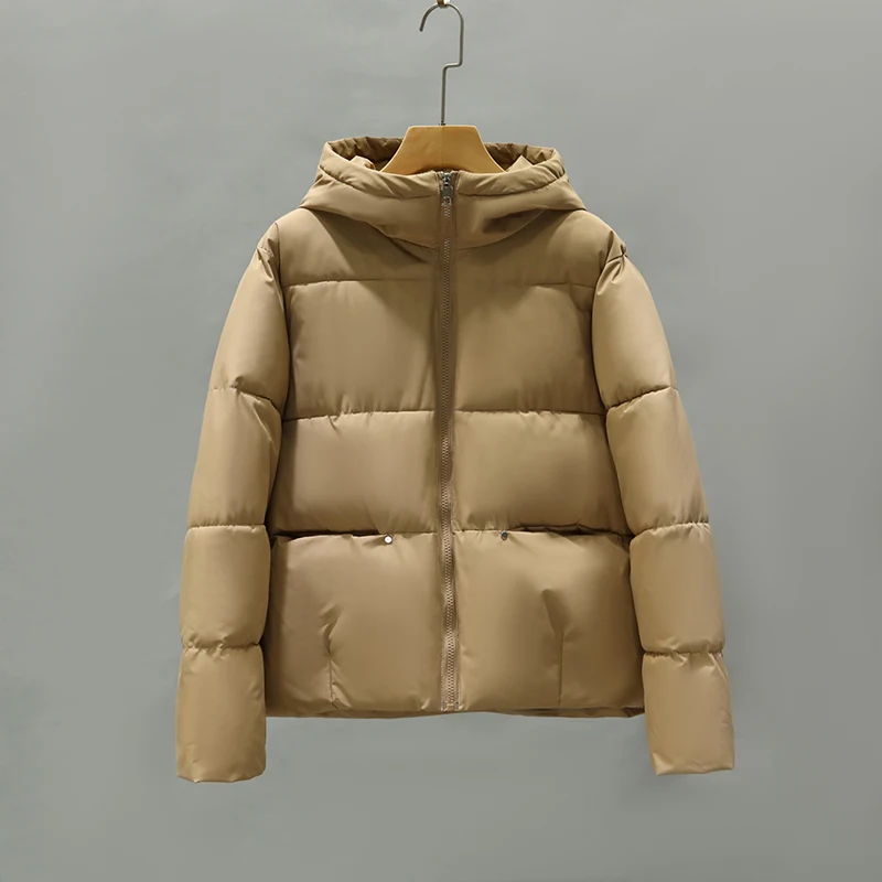 

H Women 2023 New Autumn Winter Causal Hooded Long Sleeve Solid Color Loose Parka For Ladies Zipper All Match Short Warm Coat