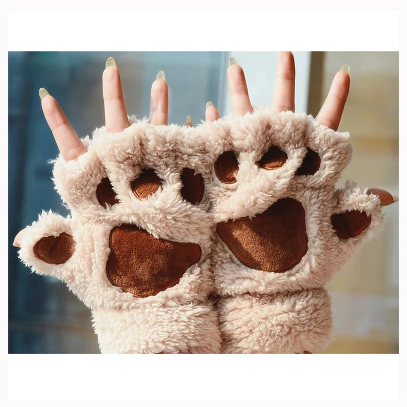 Cute Cat Claw Paw Half Finger Gloves for Women Plush Mittens Warm Soft Plush Short Fingerless Fluffy Bear Cat Gloves