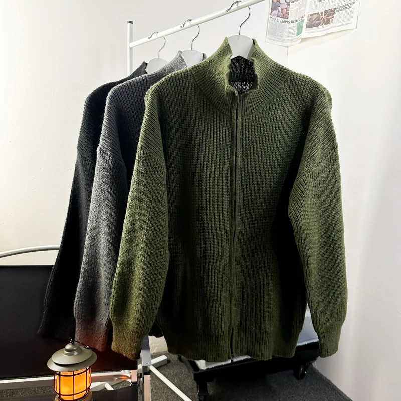 Lazy Style Knitted Solid Zip Cardigan Turtleneck Long Sleeve Men Sweatshirt Autumn Winter  Coat Fashion Casual All-match Clothes