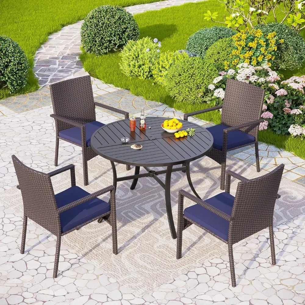 5 Piece Patio Dining Table Set for 4, 42” Round Steel Dining Table with Umbrella Hole & 4 Cushioned Wicker Chairs