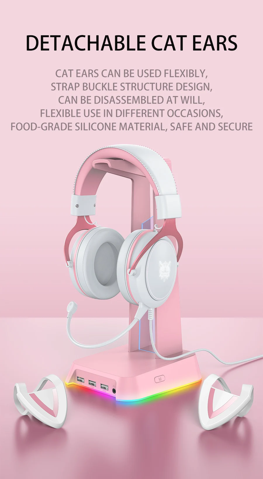 Headset Gamer ONIKUMA X10 Branco Rosa, Orelha de Gato destacável, Com fio, Microfone - ROLKO tech