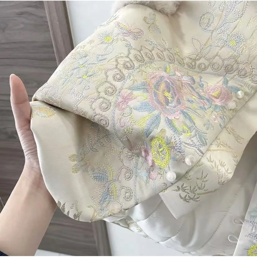 Autumn Winter Thicken Cotton Chinese Style Top Women Warm Qipao Vest Embroider Flower Sleeveless Jacket Hanfu Coat Costume