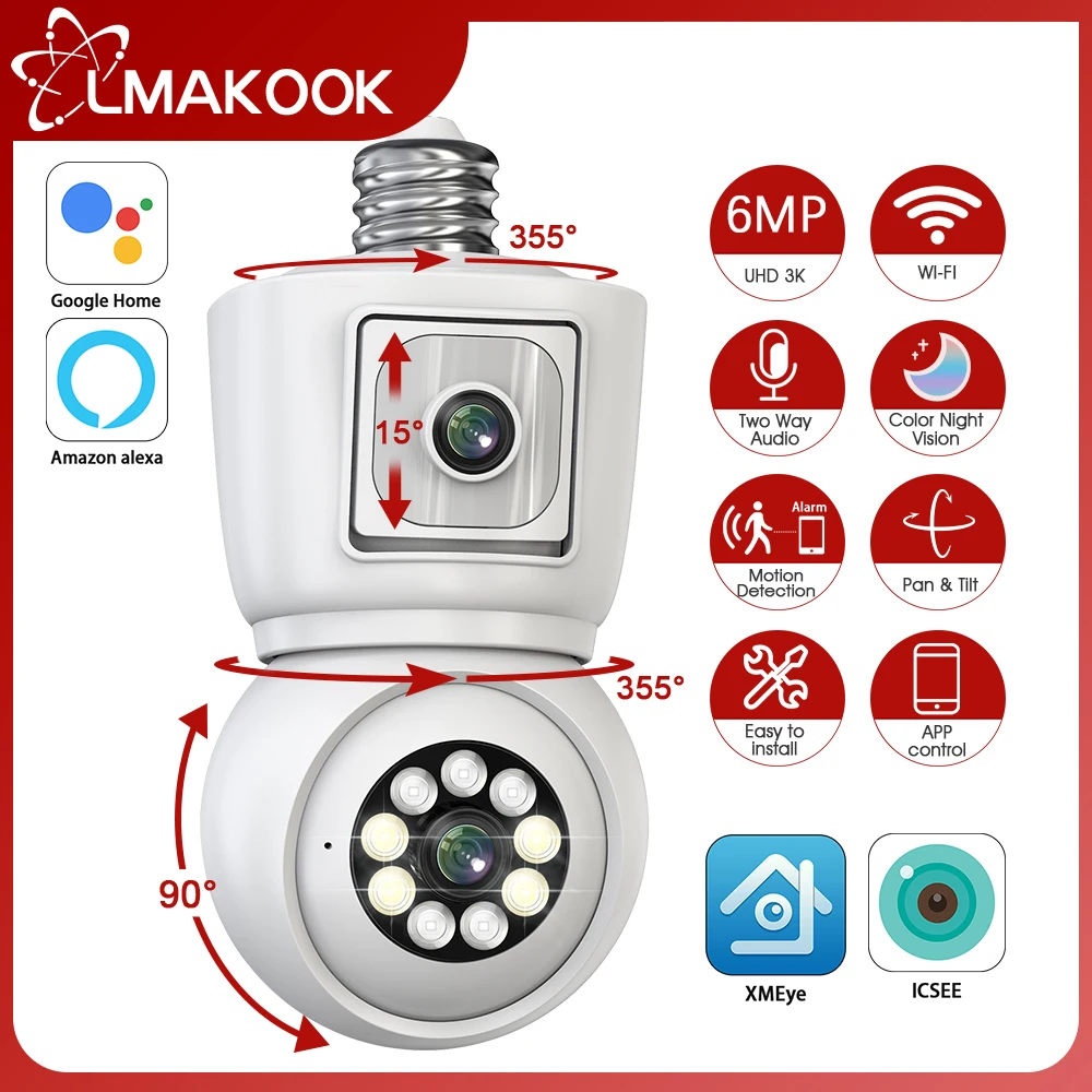 

LMAKOOK 6MP Dual Lens E27 Bulb WiFi PTZ Camera Dual Screen AI Human Tracking Indoor 4MP Security Surveillance Camera ICSEE PRO