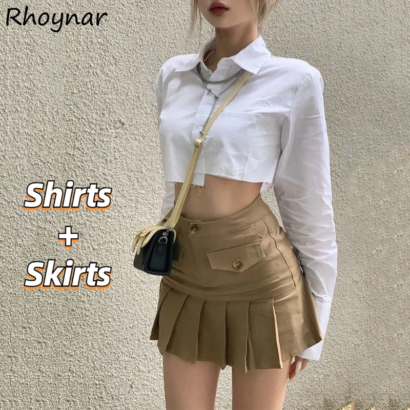 

Sets Women Fashion Streetwear Two Pieces Outfits Irregular Sexy Crop Tops Shirts Sweet High Waist Pleated Mini Skirts Korean Ins