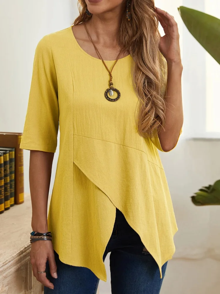 

Elegant Solid Color Irregular Cotton Linen Pullover Tops Women's O Neck Slim Fit Half Sleeves T-Shirt Female Summer Casual Tees