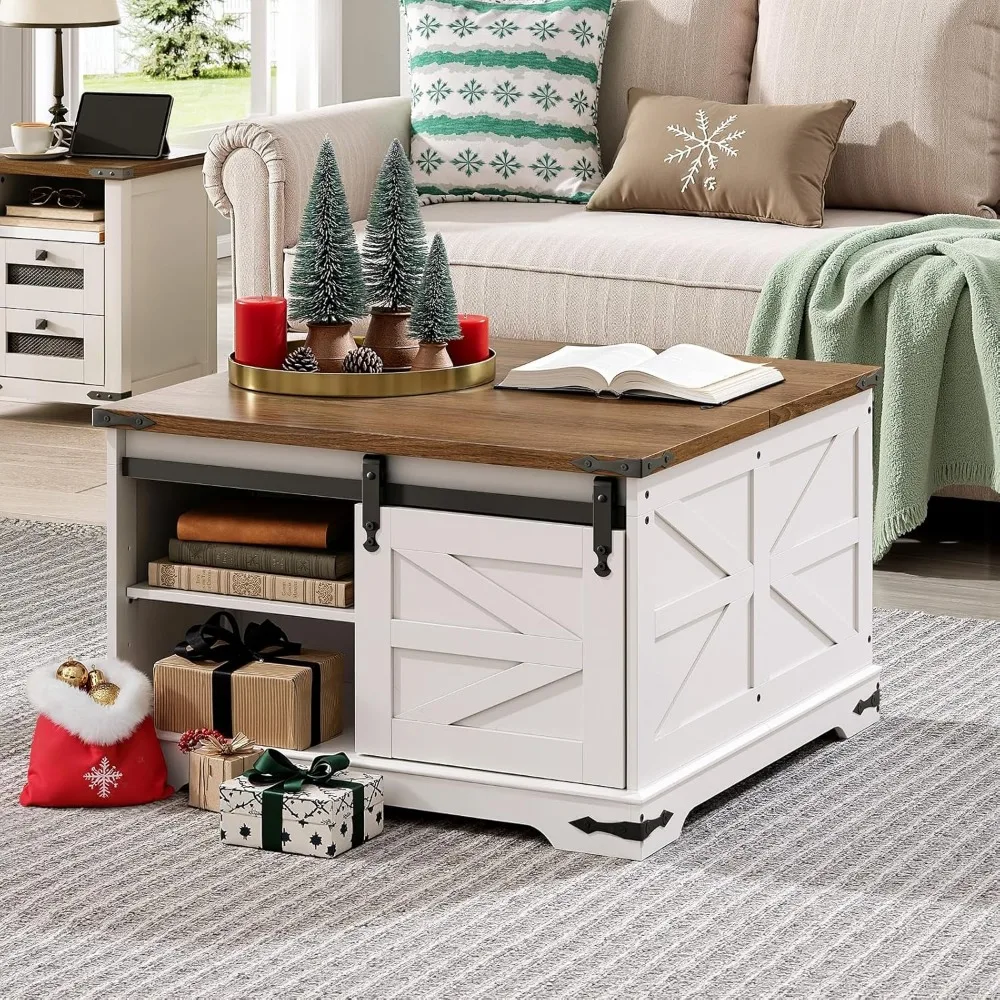 Farmhouse Coffee Table, Large Square Coffee Table for Living Room, Lift Top Coffee Table Square, Wooden White Coffee Table 4