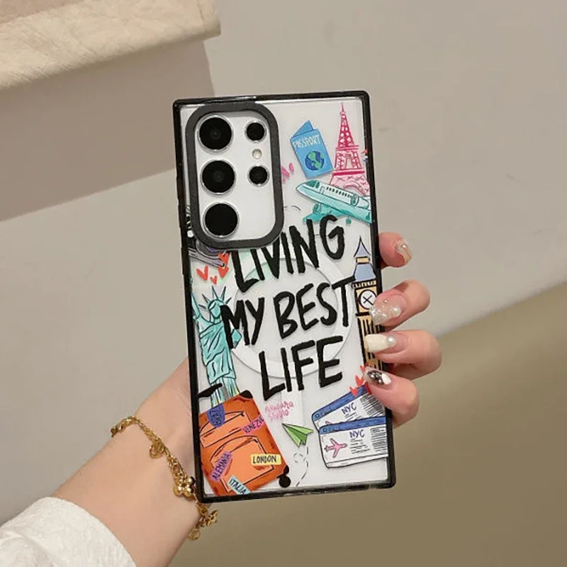 Fashion Label MagSafe Acrylic Black Border Case for Samsung Galaxy S22 S23 S24 Ultra S23+ S24 Plus Protective Shell