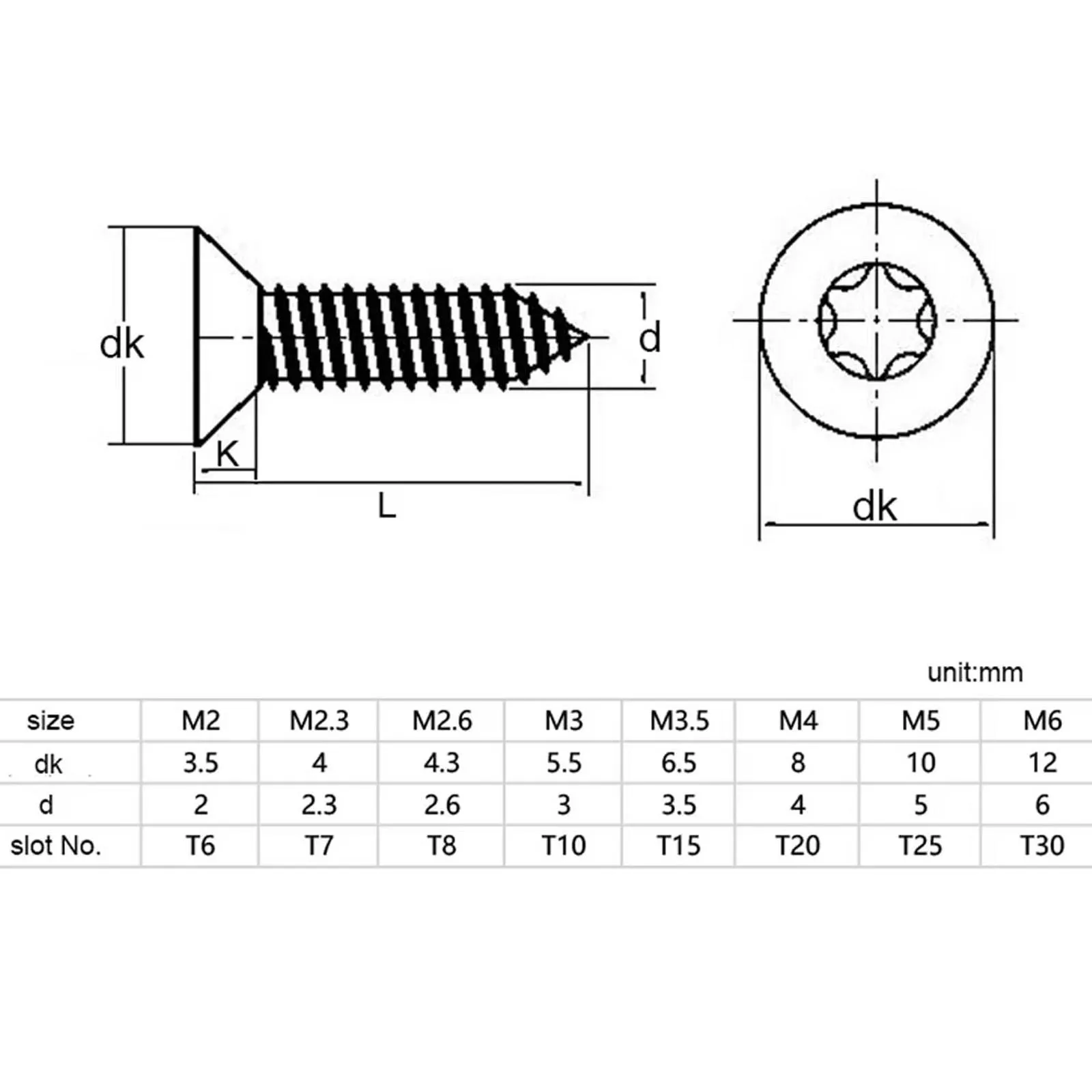 GB2670.2 M2 M2.3 M2.6 M3 M3.5 M4 M5 M6 304 Stainless Steel Six Lobe Torx Flat Countersunk Head Security Self-tapping Wood Screw