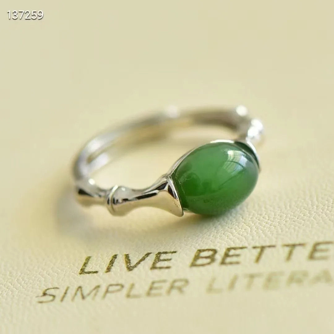 

Natural 100% real 925 sterling silver bamboo joint rings inlaid green hetian jade Open Ring jade rings for women engagement gift