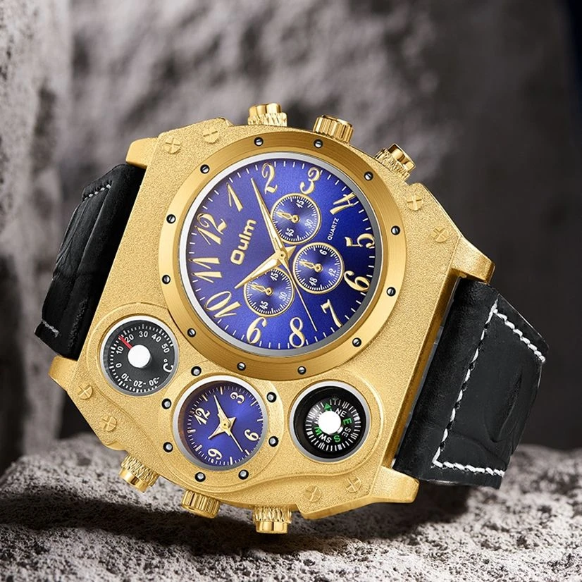 Oulm New 1349 Big Szie Luxury Brand Watch Man Two Time Zone Wristwatch