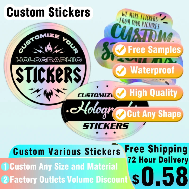 Custom Holographic Stickers Personalized Logo Waterproof Cute Anime Stickers Die Cut Scrapbooking for Aesthetic Stationery