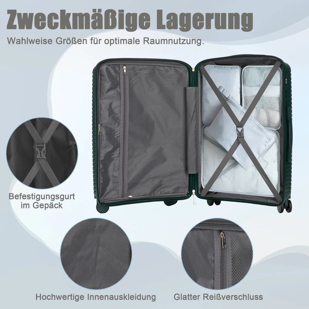 3-teiliges PP-Spinner-Kofferset 20''/24''/28'' mit 360°-Drehung ° Doppelte geräuscharme Spinner-Räder – seitlicher Griff, numerische Verriegelung, Schutzfüße – Detail 23