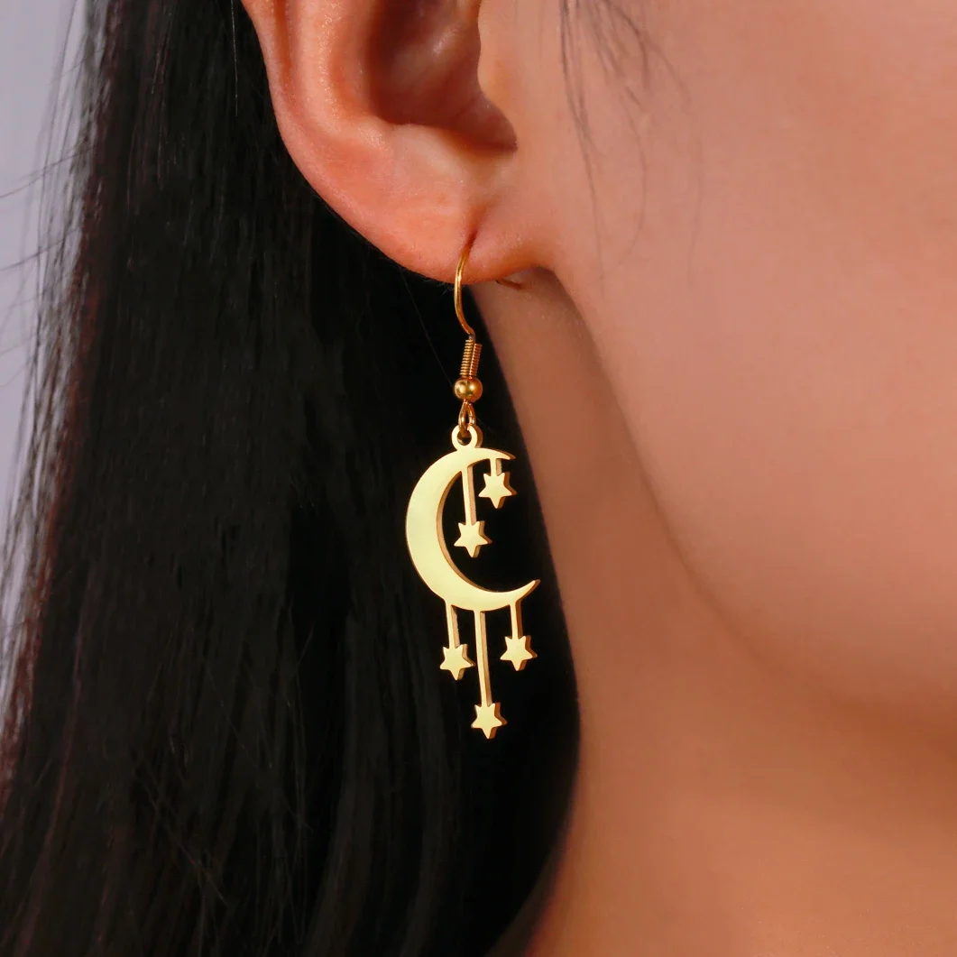 Skyrim Crescent Moon Stars Drop Earrings Stainless Steel Gold Color Dangle Earrings Bohemian Jewelry Gift for Women Girls - Image 3
