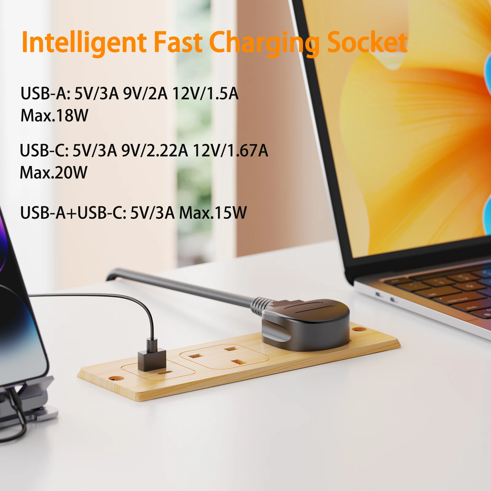 UK Plug Embedded Desktop Socket with USB-A and USB-C PD20W Fast Charging, 2-Meter Extension Cable, Enhanced Safety Features