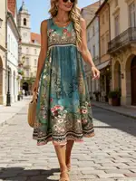 Robe Bohème Florale Sans Manches pour Femme, Imprimé Turquoise Vintage, Col Rond, Taille Haute, Coupe Évasée, Longueur Midi 2