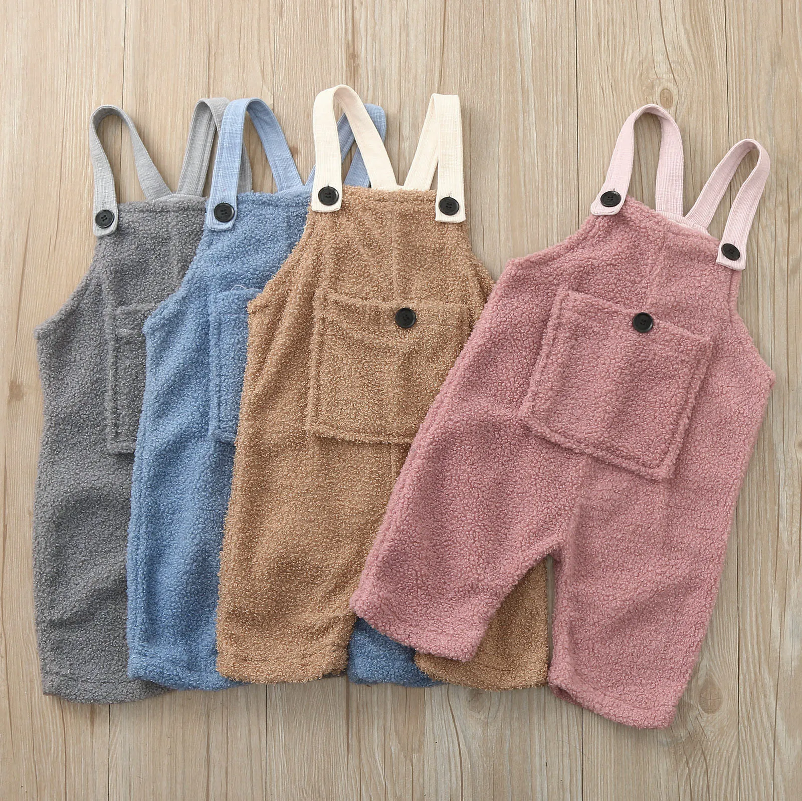 Autumn Winter Kids Girls Warm Plush Overalls Toddler Baby Solid Strapless Button Loose Pocket Fleece Suspender Trousers