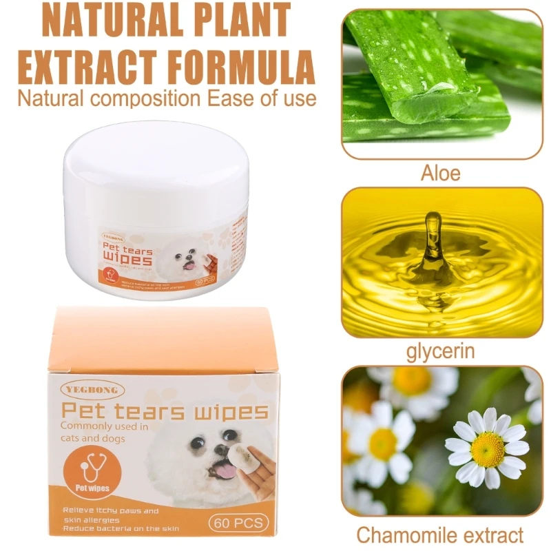 Pet Wipes for Ear Add Aloe Chemomile 60Pcs Tears Remover Wet Pads for Dog pet ear cleaner