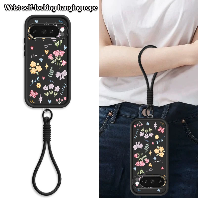 Little Flower Pattern Lanyard Phone Case with TPU Silicone Wrist Strap Cover