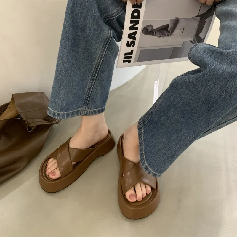 2024 Summer Open Toe Women Slippers Fashion Ladies Casual Platform Flat Heel Outdoor Beach Slides Shoes Flip Flops