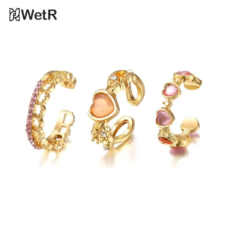 Y2k Pink Crystal Rings For Women Girls Heart Bowknot Ring Butterfly Finger Ring 3pcs/Set Romantic Fashion Party Jewelry Gifts 6