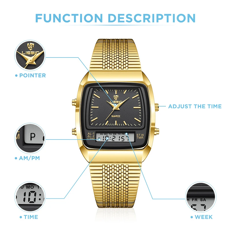 Reloj Digital informal para hombre, cronógrafo de cuarzo, resistente al agua, con doble horario semanal, dorado, deportivo, 3bar, L1030