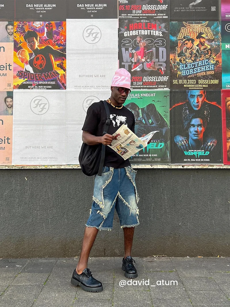 Aelfric Eden Vintage Starry Fringe Hem Denim Shorts Y2K Men Hip Hop Streetwear Shorts 2023 Harajuku Casual Summer Sweatpants