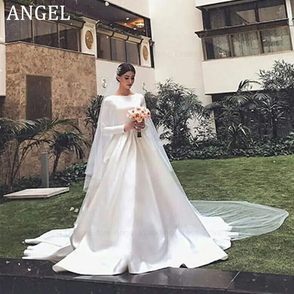 

ANGEL Elegant White Satin Simple Wedding Dresses Long Sleeves Muslim Wedding Gowns A-line Scoop Bride Dresses robe de mariee