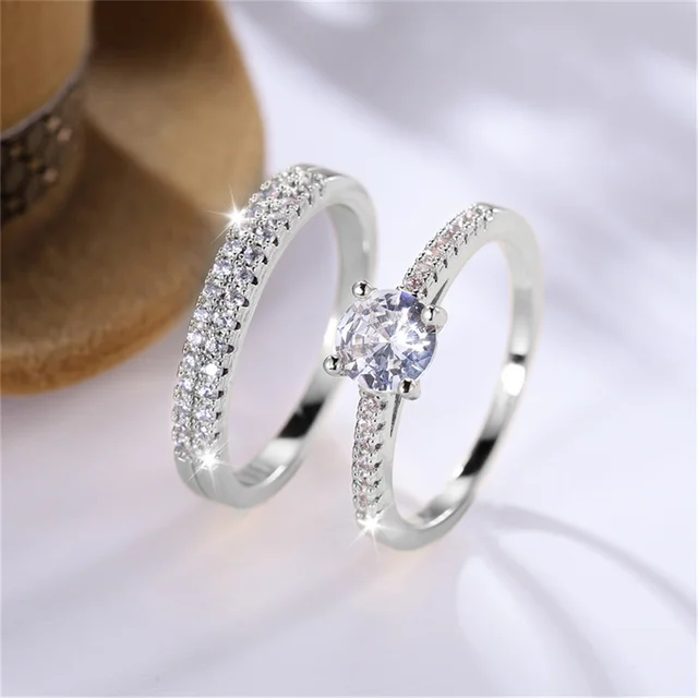 Luxury Female 2pcs Small Round White Zircon Stone Ring Set Promise Gold Color Wedding Engagement Jewelry For Women 6