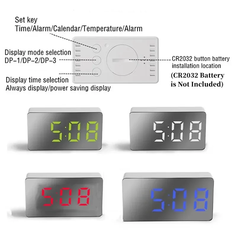 7*4cm Digital Alarm Clock TEMP Date 3 Alarms Power-off Memory Table Clock USB Powered Always On 12/24H Night Mode LED Clock